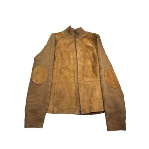 Covington Womens Brown Suede Leather Knit Wool Blend Jacket Elbow Patches Size L